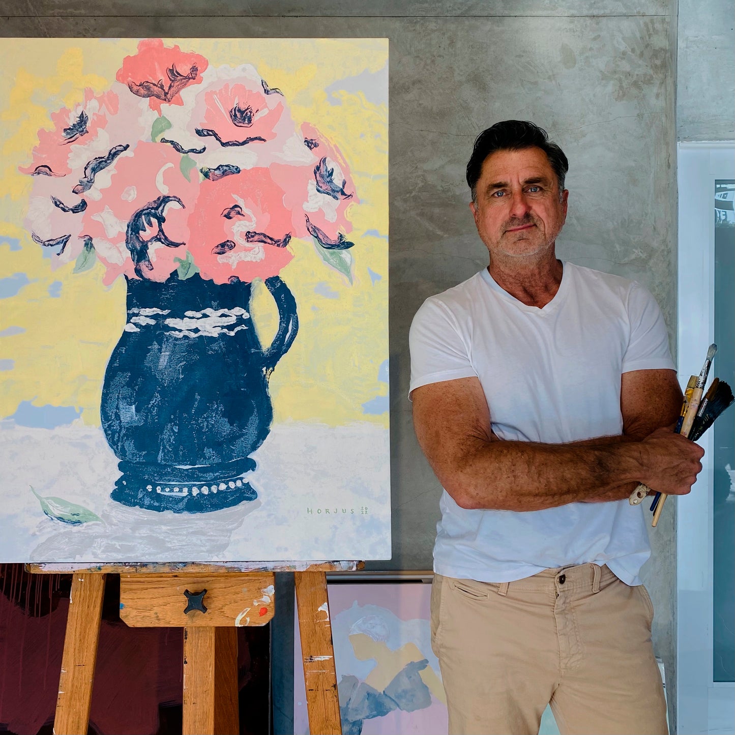 Blue Vase with Pink Flowers